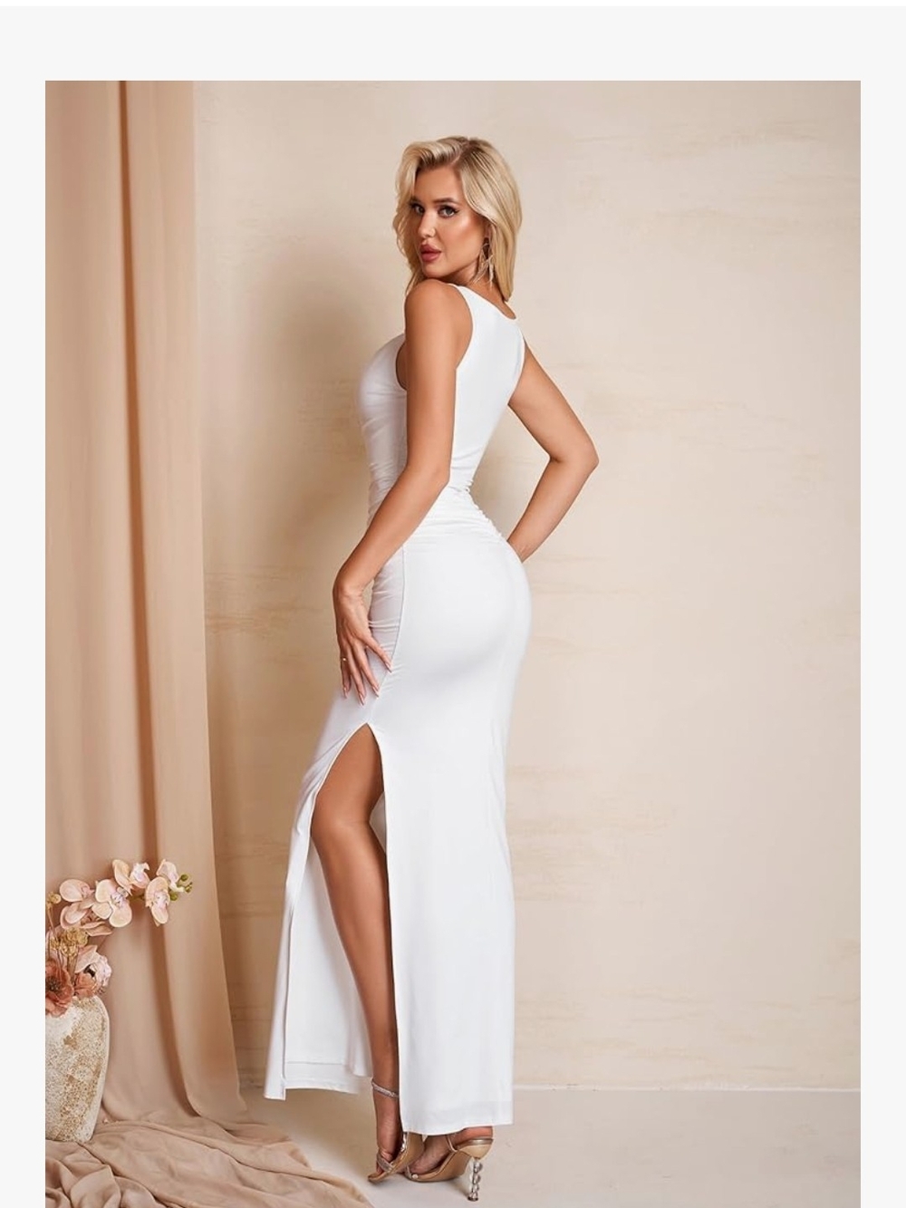 Elegant White Ruched Maxi Dress with Shoulder Accent - Picture 5 of 6